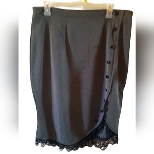 Vintage Inspired Gray Skirt with Black Lace and Button Trim Size 44 European XL